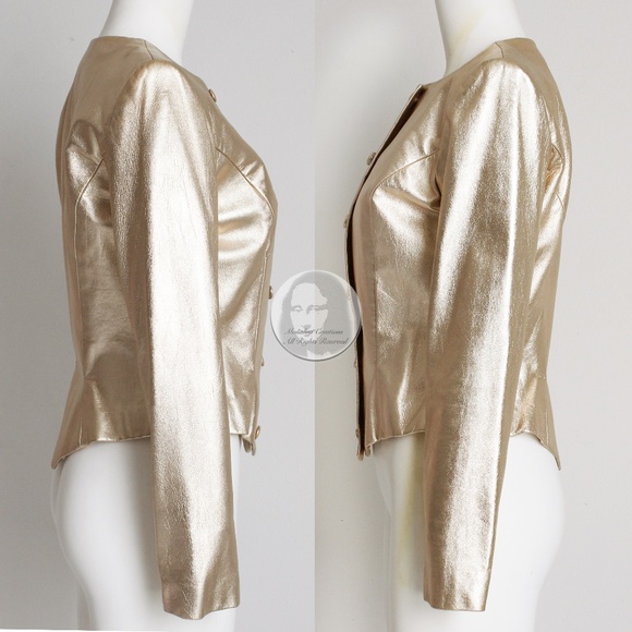 Vicky Tiel Couture Jacket Metallic Gold Leather Formal Evening Vintage Size 42 - Picture 6 of 8